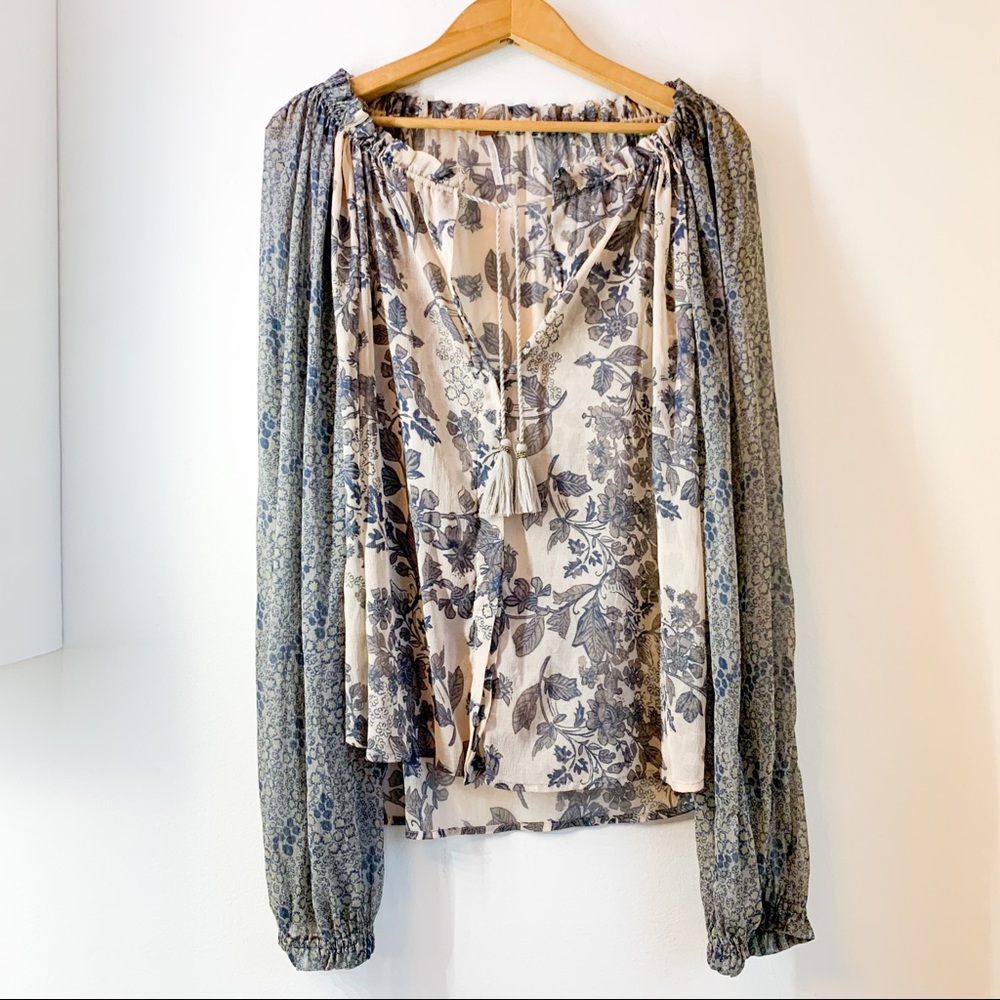 FREE PEOPLE Floral Boho Peasant Tasseled Blouse